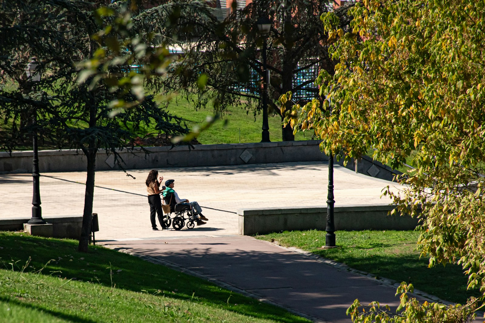 Duas pessoas juntas em um parque, uma delas em cadeira de rodas.